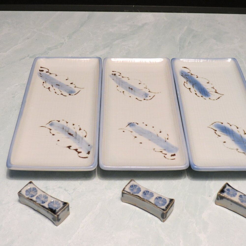 Set of 3 Porcelain Japense Sushi/Serving Plates 9"x4" with chopstick rests